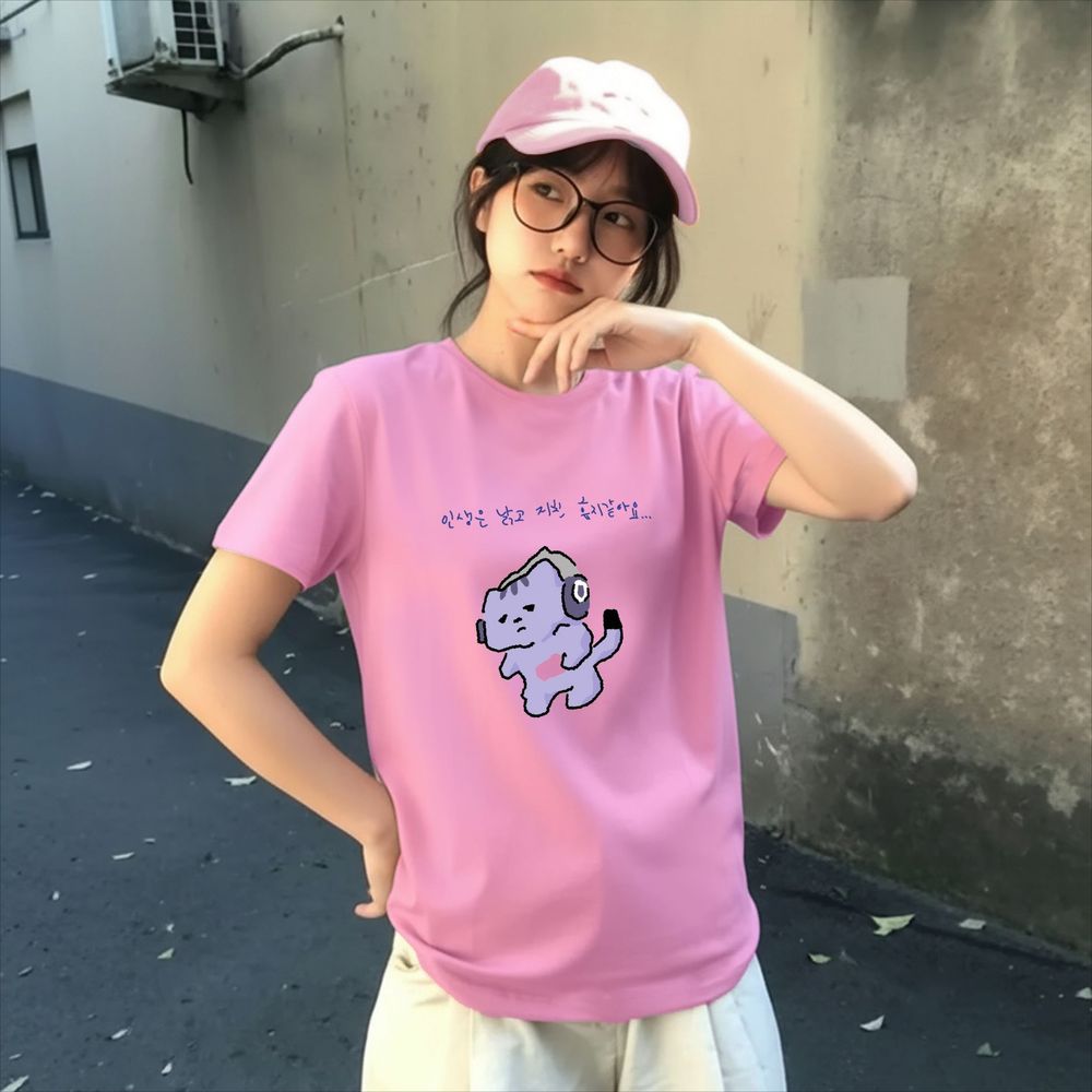 Lifestyle Of Korean - 人生は私を守ってくれないかわいいテキストプリント Tシャツ紫エモ猫グラフィック Tシャツ女性夏半袖韓国スタイル美的トップス